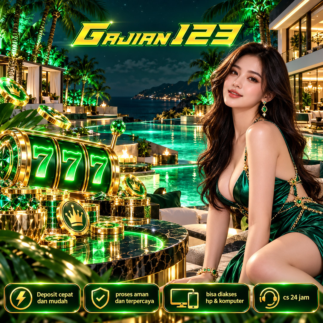 Poster GAJIAN123 dengan suasana resor tropis dan cahaya hijau