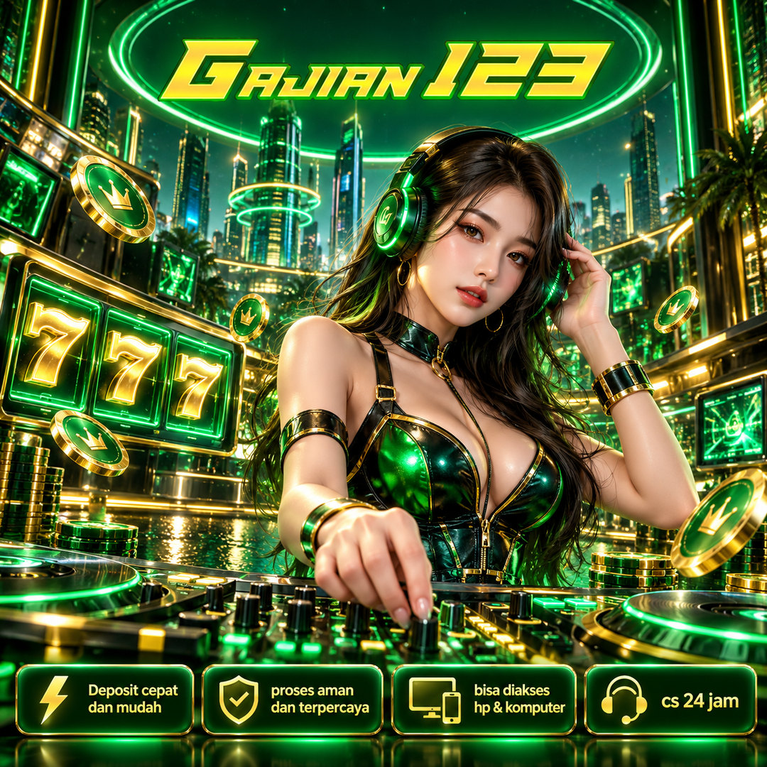Poster GAJIAN123 bertema DJ dengan headphone dan kota futuristis